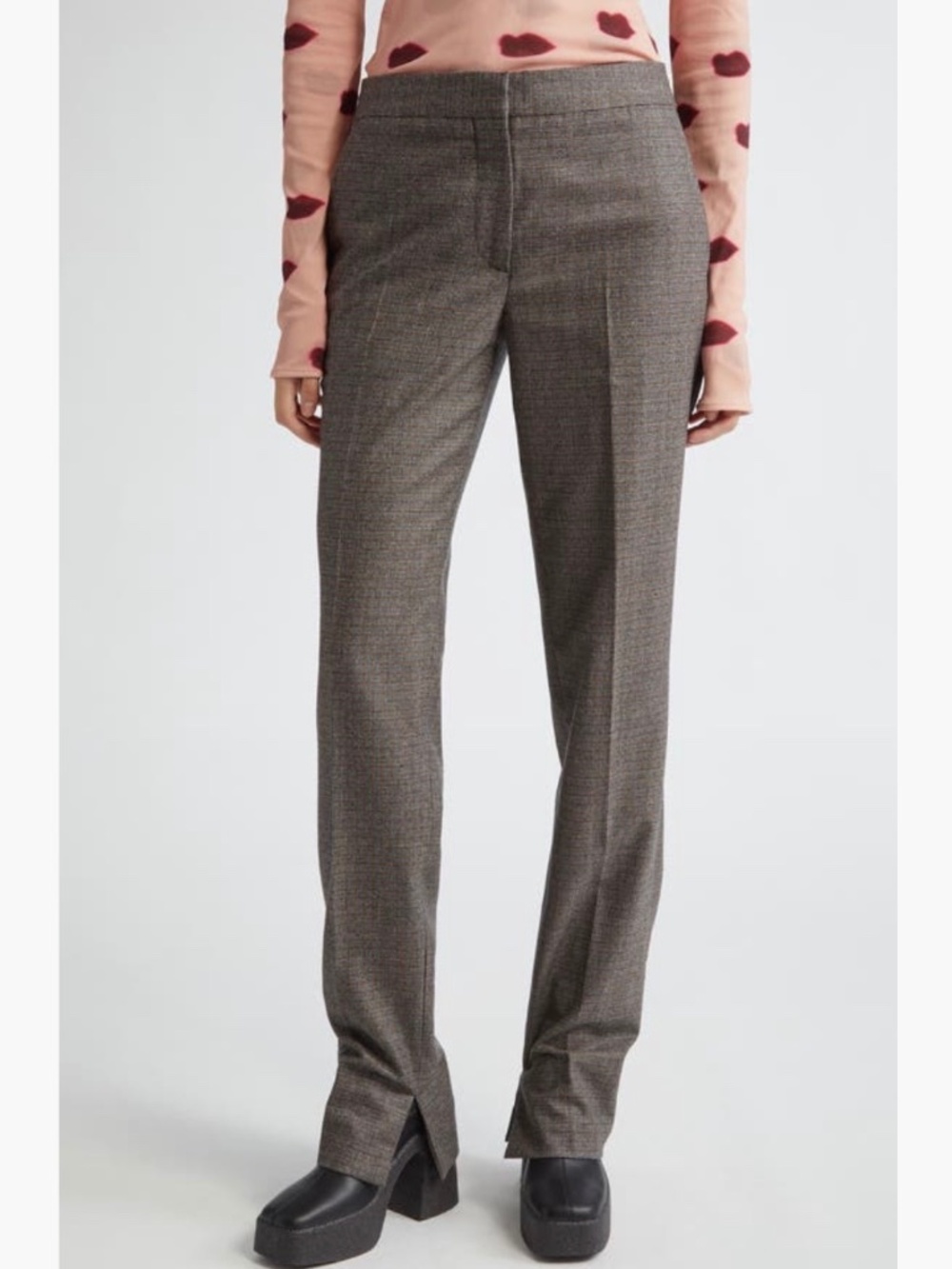 Stella McCartney Slim Fit Check Split Hem Wool Pants Camel/ Grey SZ 14 US /48 IT
